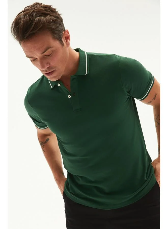 JUNE June Men Regular Fit Stripe Detailed Neck Polo Tshirt Dark Green