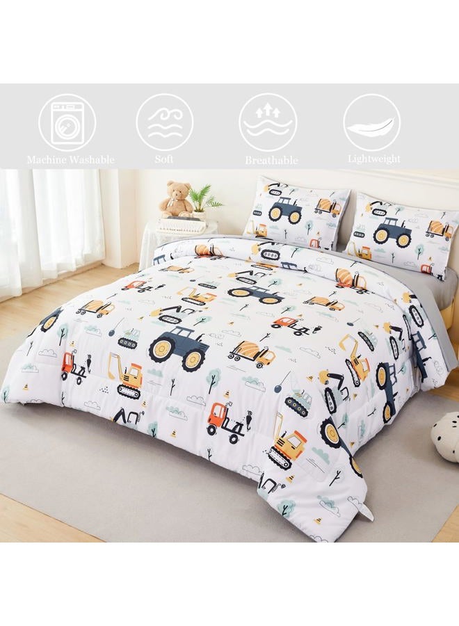 ANGIYUIN 5Pcs White Construction Boys Bedding Set Full Size Excavator Comforter Set for Kids Trucks Tractors Bed Comforter Set Soft Fluffy Boy Bed in A Bag with Sheets - Image 3