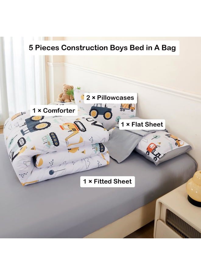 ANGIYUIN 5Pcs White Construction Boys Bedding Set Full Size Excavator Comforter Set for Kids Trucks Tractors Bed Comforter Set Soft Fluffy Boy Bed in A Bag with Sheets - Image 4