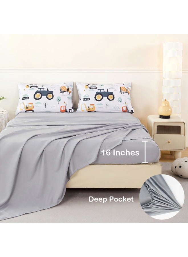 ANGIYUIN 5Pcs White Construction Boys Bedding Set Full Size Excavator Comforter Set for Kids Trucks Tractors Bed Comforter Set Soft Fluffy Boy Bed in A Bag with Sheets - Image 5