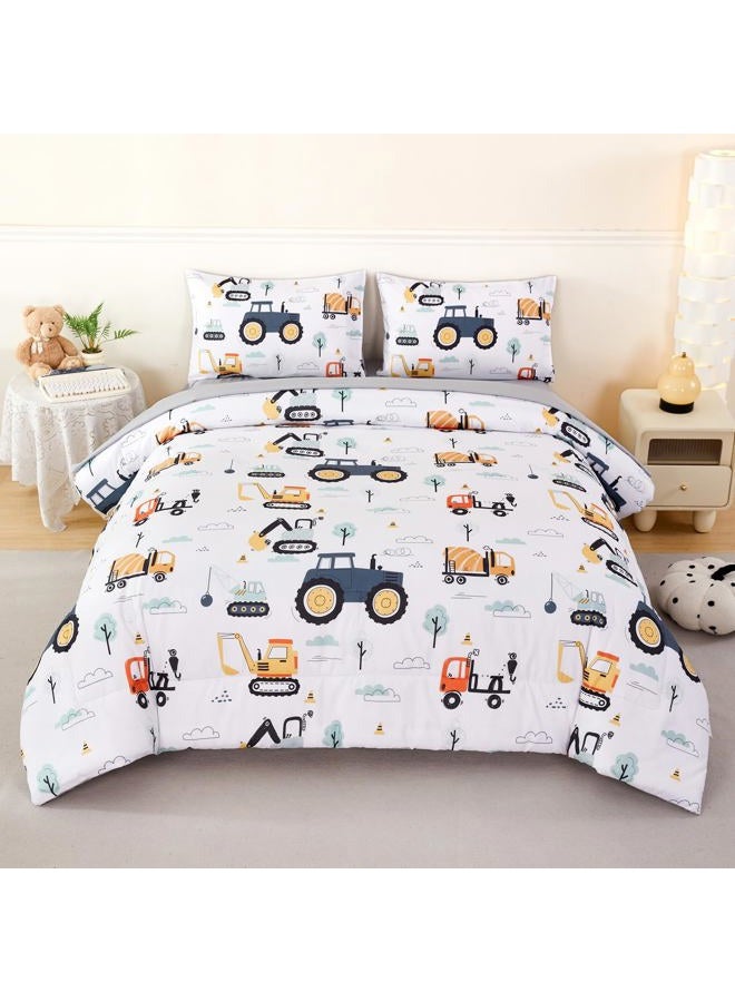 ANGIYUIN 5Pcs White Construction Boys Bedding Set Full Size Excavator Comforter Set for Kids Trucks Tractors Bed Comforter Set Soft Fluffy Boy Bed in A Bag with Sheets - Image 1