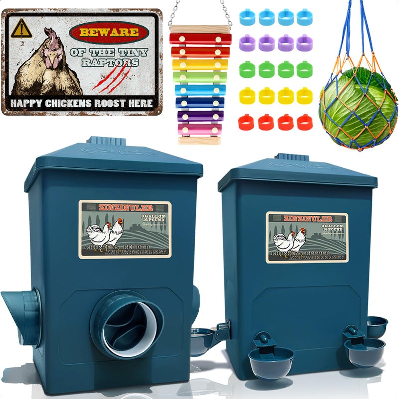 ZINZINULER Automatic Port Chicken Feeder and Cup Waterer Set - Chicken Coop Accessories, No Waste Poultry Feeder, 3 Gallon/16 Pounds - Image 1