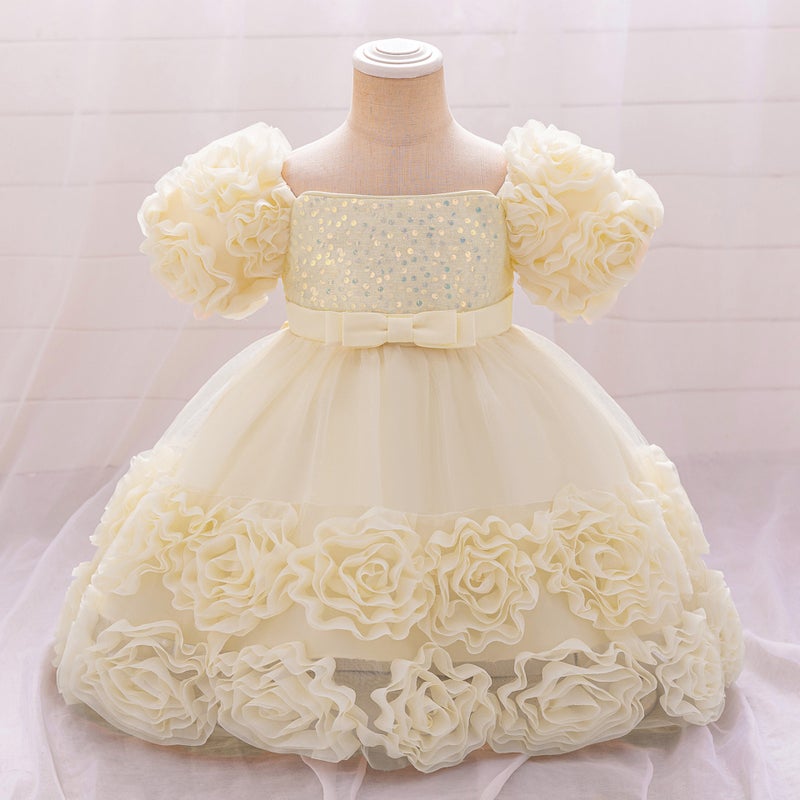 Cross-border New Girls Dress Decal Princess Dress One-year-old Dress Flower Girl Dress Bubble Sleeve Rose dress L2283XZ-Champagne