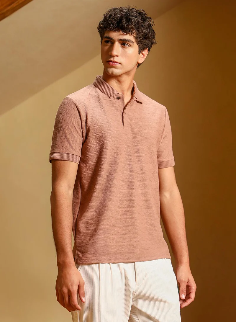 Campus Sutra Men Spirit Weave Polo T-Shirt | Jacquard Polo Neck , Short Jacquard Cuff Sleeves | Half-Button , Straight Hem | Geometric Jacquard | Knitted Fabric For Casual & Daily Wear | Mousse Brown