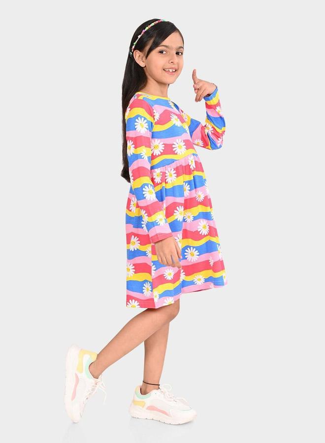 Bonkids Girl's Multicolour 100% Cotton Printed Regular Fit Dress - Image 3