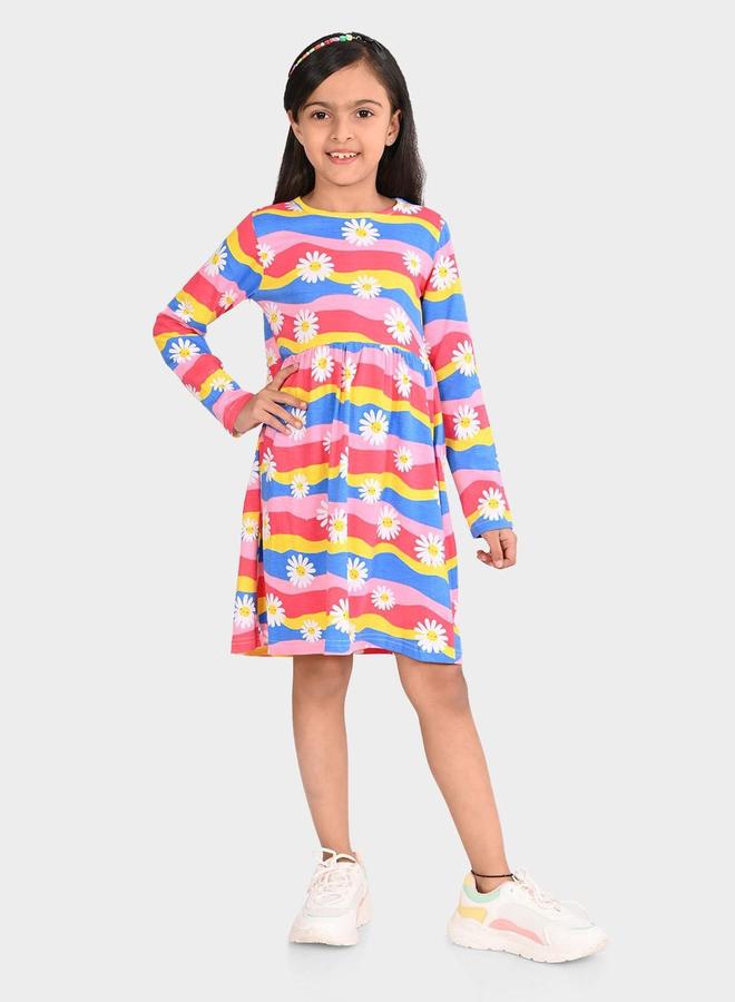 Bonkids Girl's Multicolour 100% Cotton Printed Regular Fit Dress - Image 1