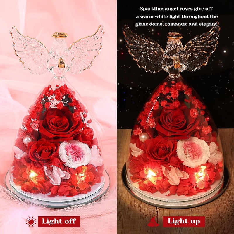 FIACO Gifts for Women Preserved Rose Forever Flower in Glass Angel Figurine Fresh Flowers for Delivery Mothers Day Birthday Gifts for Mom Grandma Wife Sister Red - Image 3