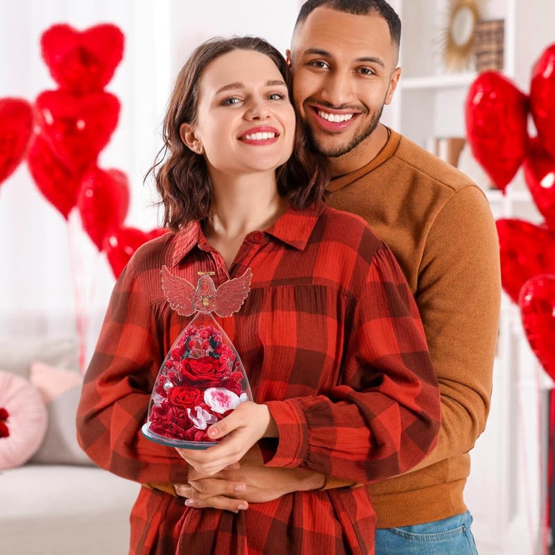 FIACO Gifts for Women Preserved Rose Forever Flower in Glass Angel Figurine Fresh Flowers for Delivery Mothers Day Birthday Gifts for Mom Grandma Wife Sister Red - Image 5
