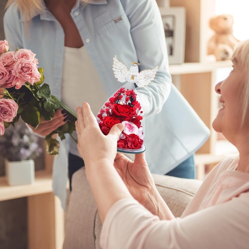 FIACO Gifts for Women Preserved Rose Forever Flower in Glass Angel Figurine Fresh Flowers for Delivery Mothers Day Birthday Gifts for Mom Grandma Wife Sister Red - Image 4