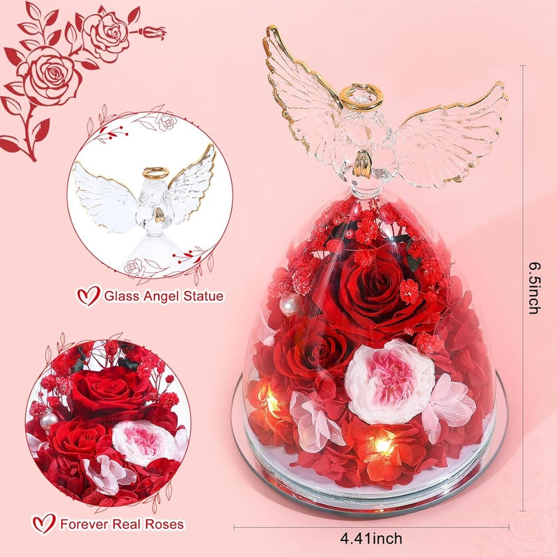 FIACO Gifts for Women Preserved Rose Forever Flower in Glass Angel Figurine Fresh Flowers for Delivery Mothers Day Birthday Gifts for Mom Grandma Wife Sister Red - Image 2