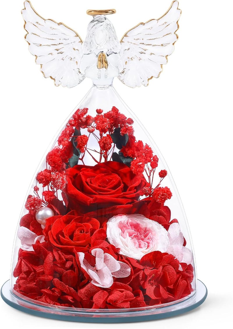 FIACO Gifts for Women Preserved Rose Forever Flower in Glass Angel Figurine Fresh Flowers for Delivery Mothers Day Birthday Gifts for Mom Grandma Wife Sister Red - Image 1