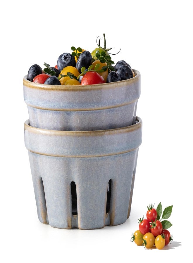 Gomakren Ceramic Berry Basket Set of 2, Round Fruit Bowl with Holes, Fruit Storage Containers for Kitchen, Cute Strawberry Basket for Berries, Grape, Cherry, Gray - Image 1
