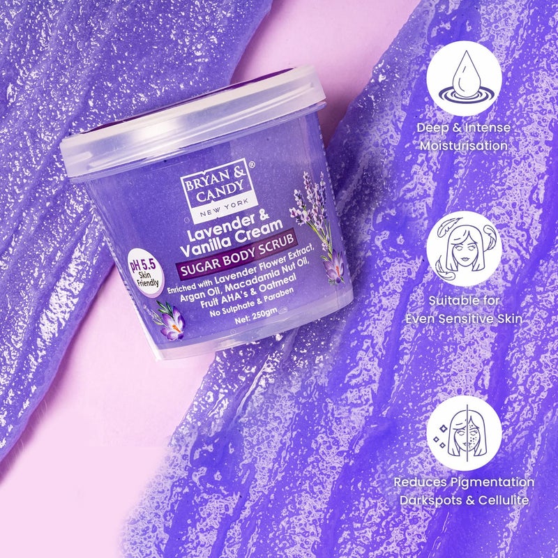 Bryan  Candy Sugar Body Scrub PH 55 For Tan Removal  Exfoliation  For Women  Men  250g Lavender  Vanilla Cream - Image 4