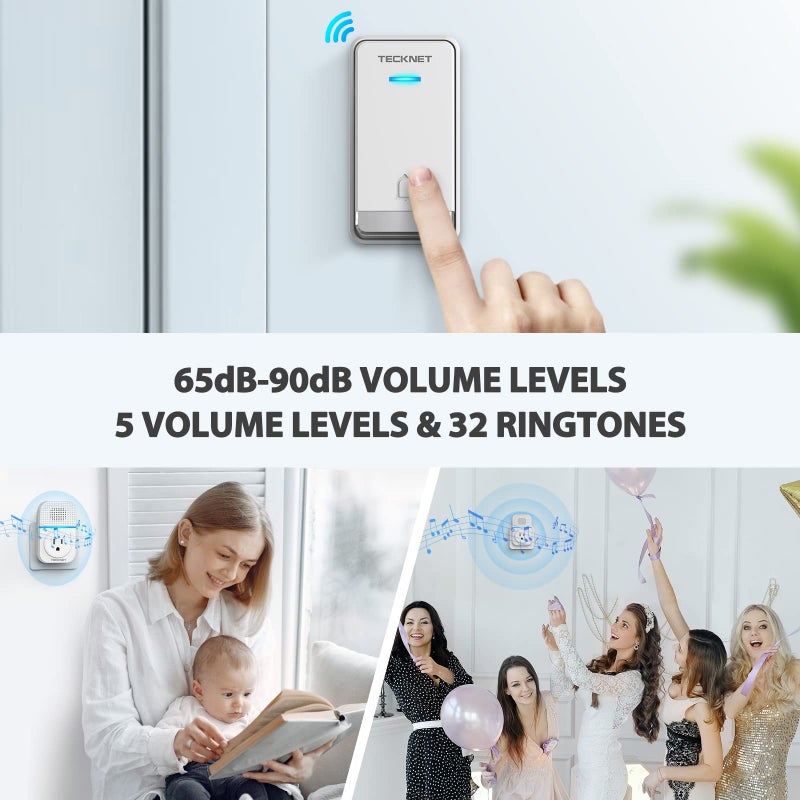 TECKNET Wireless Doorbell, Plug-through Door Bell, IP66 Waterproof Doorbells, 1300ft Cordless Rang Door Bell Ringer Wireless, 60 Ringtones & 5 Level Volume, 0-110 dB Doorbell Chime for Home/Classroom - Image 5