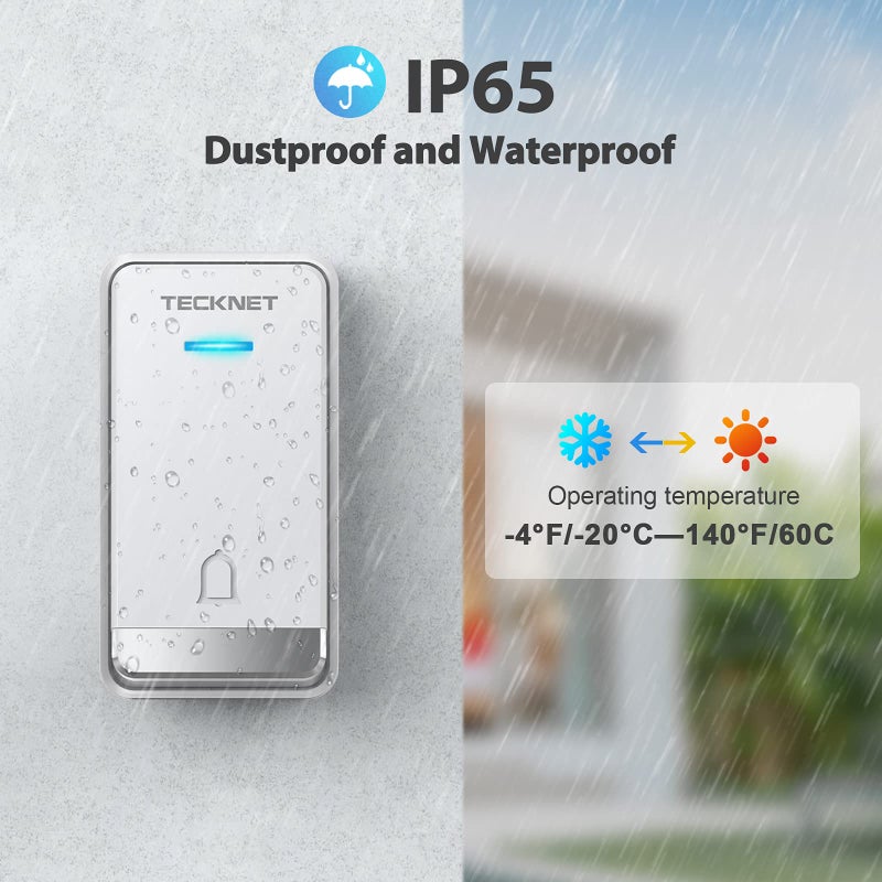 TECKNET Wireless Doorbell, Plug-through Door Bell, IP66 Waterproof Doorbells, 1300ft Cordless Rang Door Bell Ringer Wireless, 60 Ringtones & 5 Level Volume, 0-110 dB Doorbell Chime for Home/Classroom - Image 4