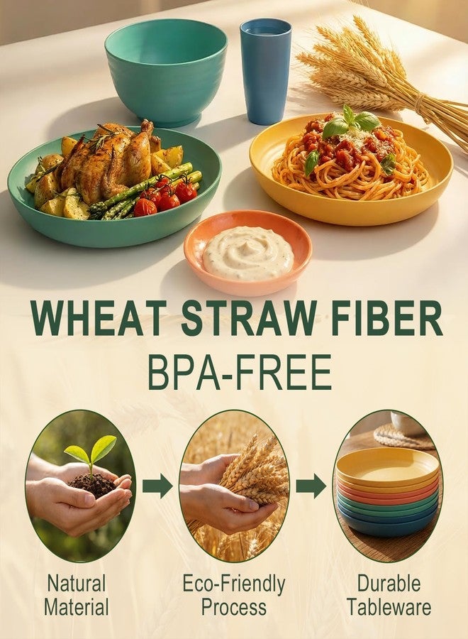 طقم عشاء من قش القمح من بوسوكيب، 40 قطعة، طقم أطباق وأوعية للمطبخ، طقم أطباق غير قابل للكسر لثمانية أشخاص، طقم أطباق آمن للاستخدام في الميكروويف وغسالة الصحون، مناسب للمنزل والتخييم والسيارات الترفيهية والحفلات - متعدد الألوان - Image 3