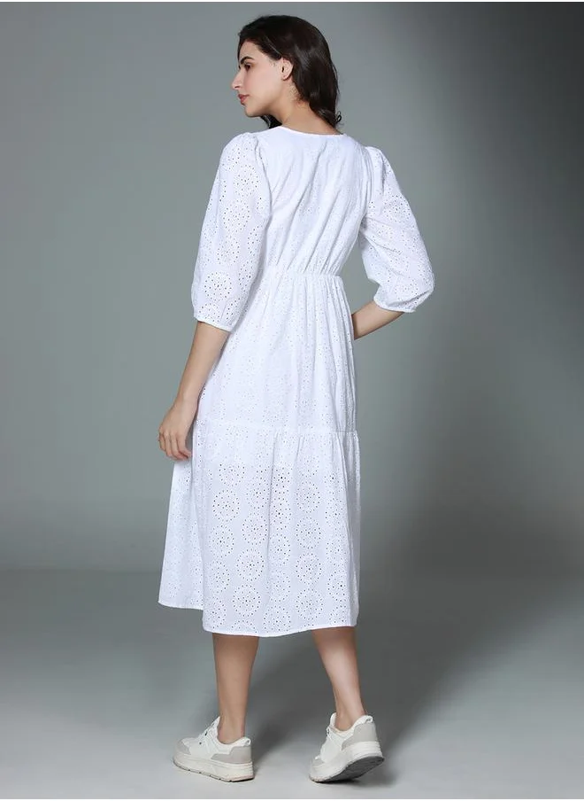 HIGH STAR Schiffli V Neck Tiered Midi Dress by Styli