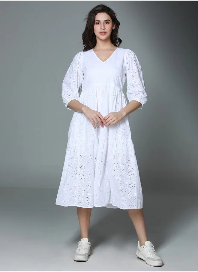 HIGH STAR Schiffli V Neck Tiered Midi Dress by Styli