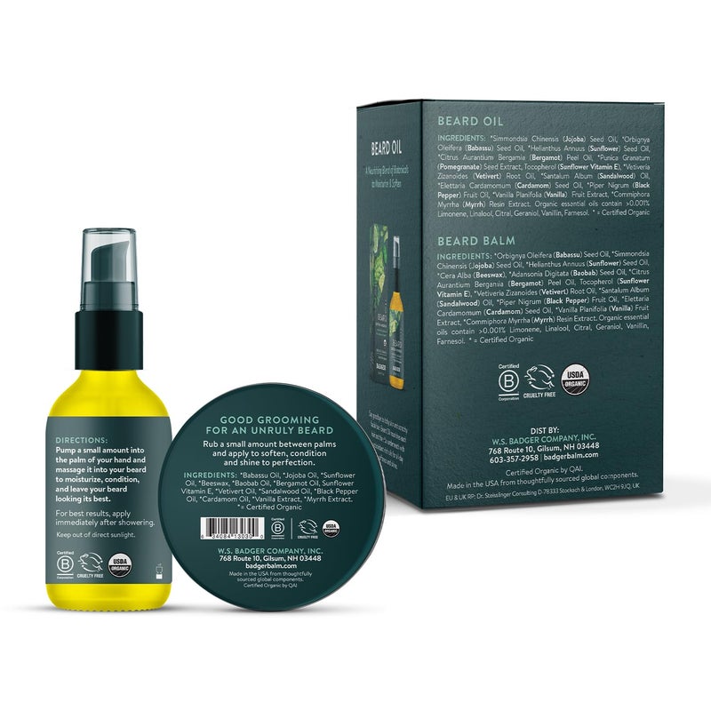 Badger Beard Grooming Kit, Organic Beard Oil Bottle + Organic Beard Balm Tin, Subtle Masculine Scent, Organic Mens Beard Care for Healthy Beard Growth, 2-Pack - Image 2