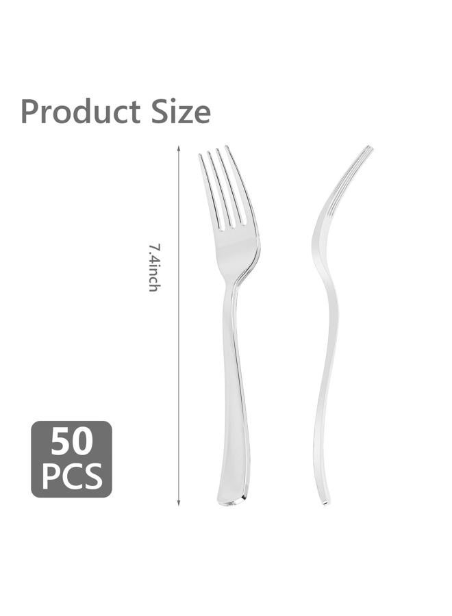 N9R 50 PCS Silver Plastic Forks, Solid, Durable and Heavy Duty Disposable Silverware Forks, Perfect Plastic Utensils for Party, Wedding and Daily Use - Image 2