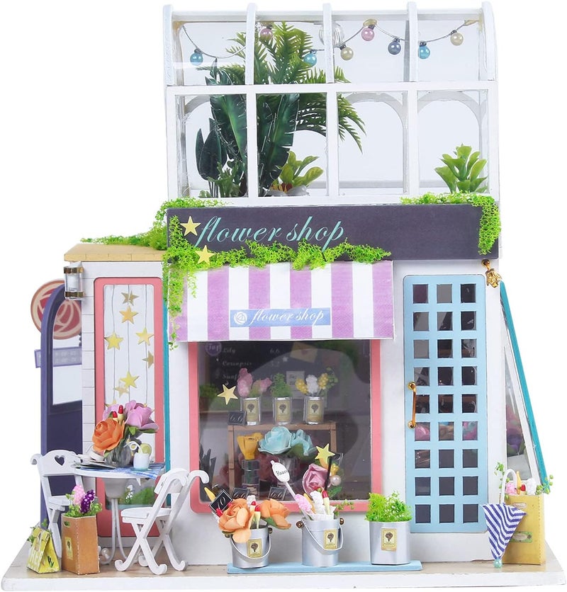 klarako Dollhouse Miniature DIY House Kit, Wooden Handmade Mini Tiny Flower Shop Model Building Home Craft Collection Kit with Furniture, Christmas Birthday Gifts for Adults Teenagers Boys Girls - Image 1