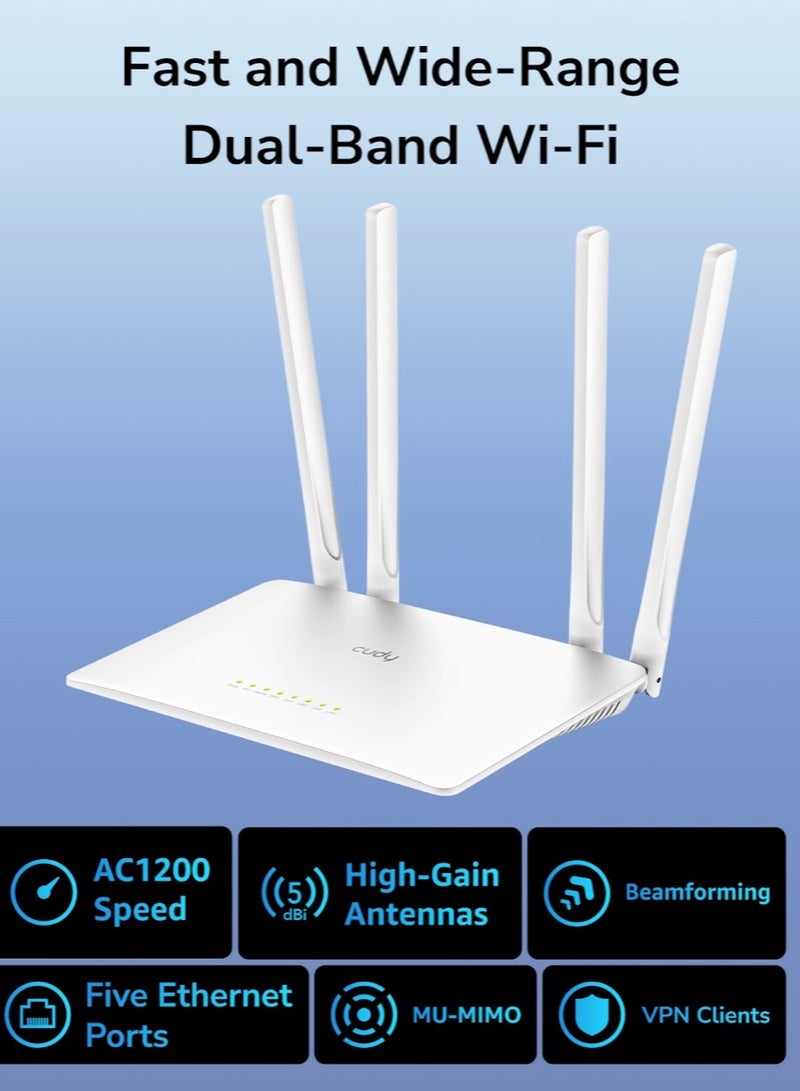 cudy Cudy WR1200 AC1200 Dual-Band Wi-Fi Router | 5 Ethernet Ports, 4 High-Gain Antennas, 100m² Coverage, MU-MIMO, App Control  - Image 1