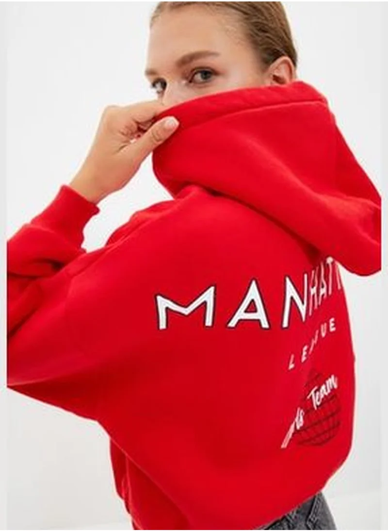 trendyol Red Back Print Detailed Hoodie, Fleece Inner Knitted Sweatshirt TWOAW22SW0711.