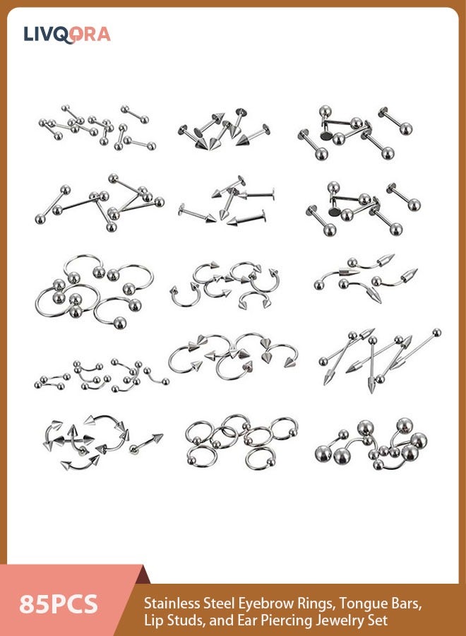 LIVQORA Stainless Steel Body Piercing Jewelry Set 85PCS Eyebrow Rings Tongue Bars Lip Studs Ear Piercings Hypoallergenic Nickel-Free Durable Cool for Men Women Everyday Wear - Image 1