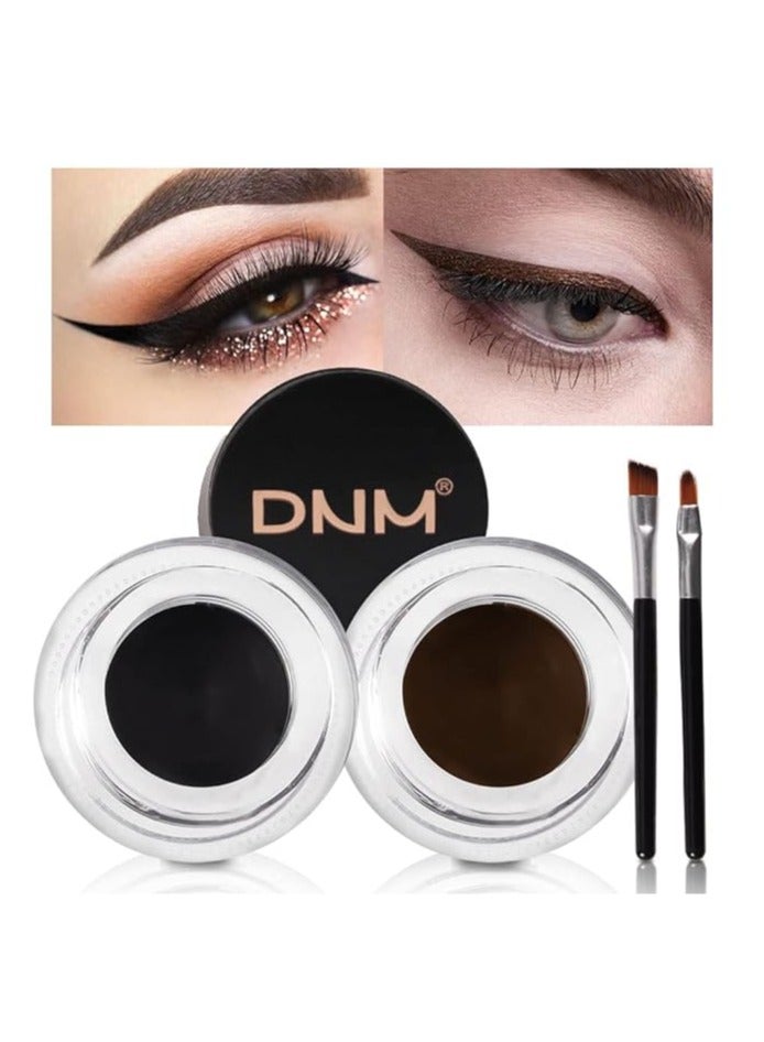 DNM 2 في 1 محدد عيون جل أسود وبني مقاوم للماء ومقاوم للتلطخ لمجموعة دهان كريم الحواجب المائية مع فرش تدوم طويلاً، يعمل بشكل رائع مع قلم تحديد الحواجب للوجه والجسم - Image 1