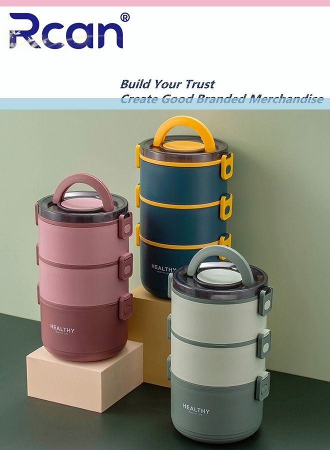 Rcan Large Capacity Round Three Layer Lunch Box for Men Women Office Kids With Handle Tableware Portable Sealed Insulated Leak proof Bento Box On-the-Go Meal and Fruit Container Blue - Image 4