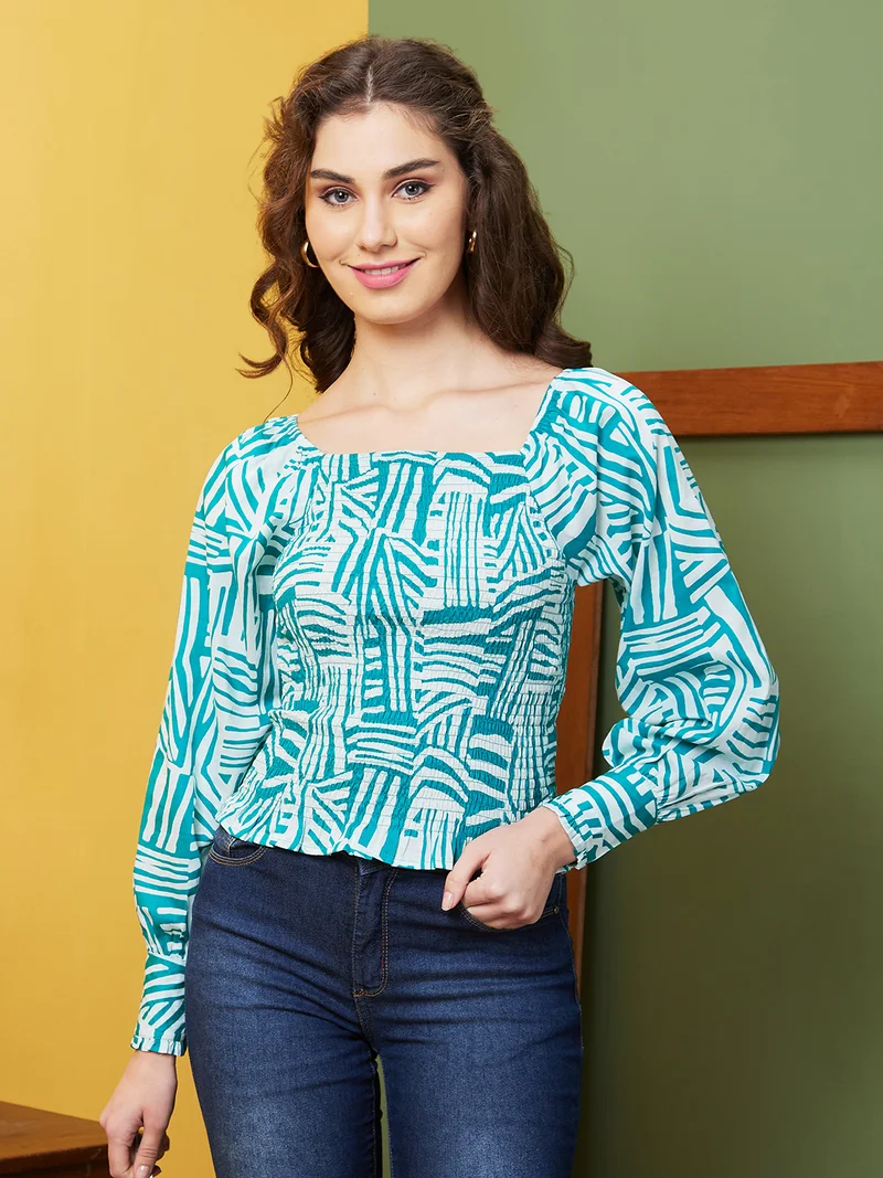 globus Women Green & White Geometric Printed Square Neck Cotton Casual Top