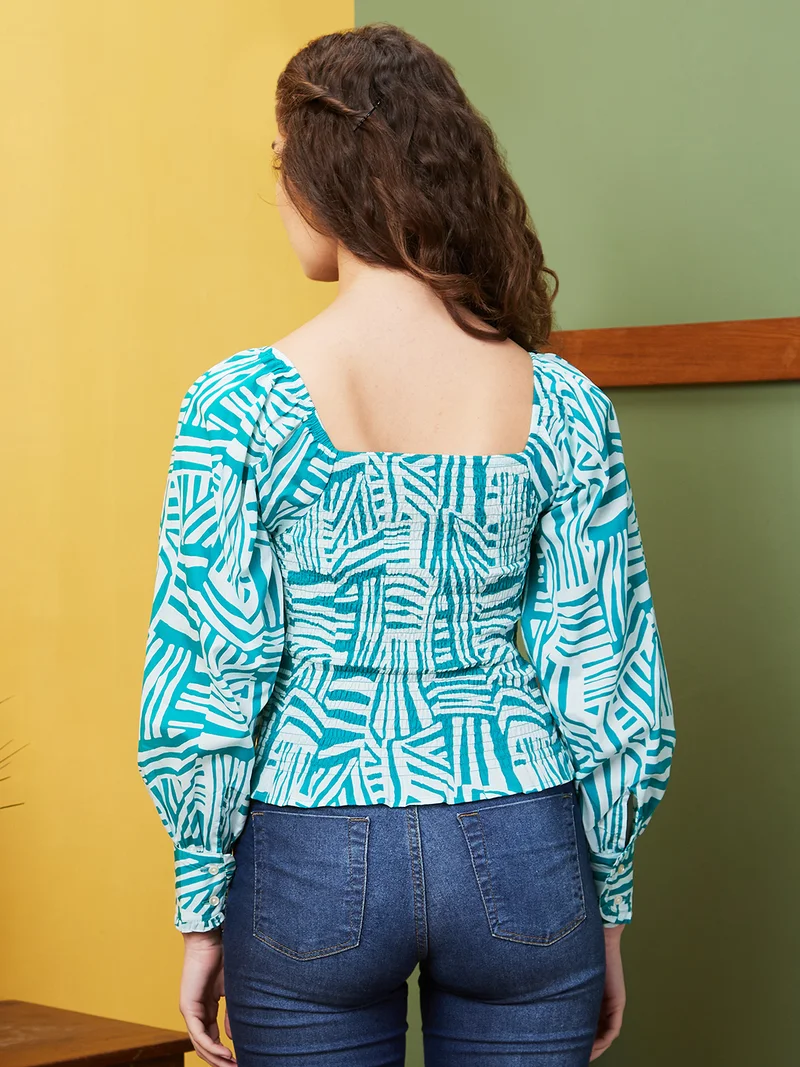 globus Women Green & White Geometric Printed Square Neck Cotton Casual Top
