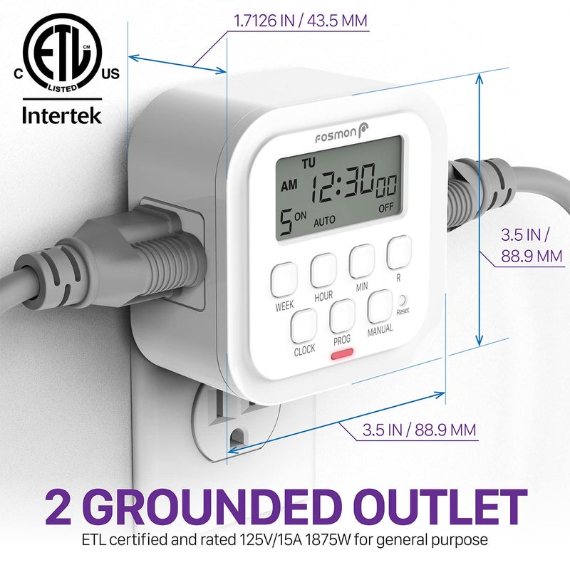 Fosmon 7 Day Digital Timers for Electrical Outlets, Indoor Plug-in Light Timers Switch Programmable, Electric Wall Plug for Lamp, Grow Reptile Lights, Aquarium, 15A/1875W, Grounded - Image 2