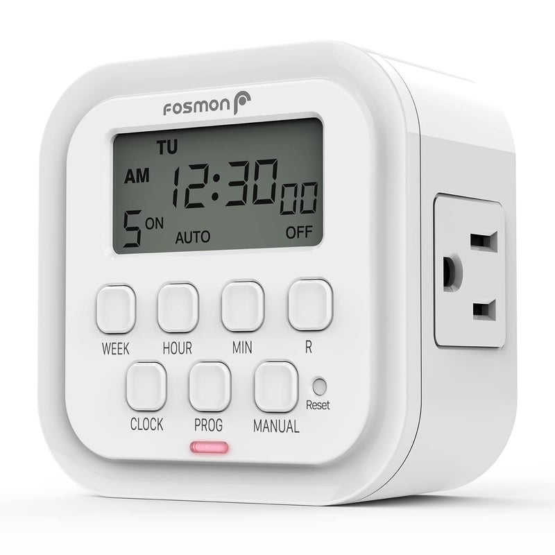 Fosmon 7 Day Digital Timers for Electrical Outlets, Indoor Plug-in Light Timers Switch Programmable, Electric Wall Plug for Lamp, Grow Reptile Lights, Aquarium, 15A/1875W, Grounded - Image 1
