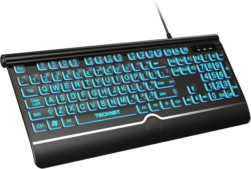 TECKNET Large Print Backlit Keyboard, Wired USB-A Computer Keyboard with Wrist Rest, 7-Color Backlit, Oversized Letter Keys Easy to See, Plug-and-Play, Silent, Light Up Keyboard for Windows/PC/Laptop - Image 1