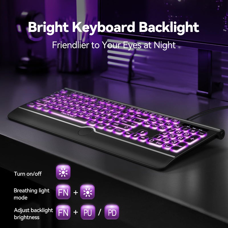 TECKNET Large Print Backlit Keyboard, Wired USB-A Computer Keyboard with Wrist Rest, 7-Color Backlit, Oversized Letter Keys Easy to See, Plug-and-Play, Silent, Light Up Keyboard for Windows/PC/Laptop - Image 3