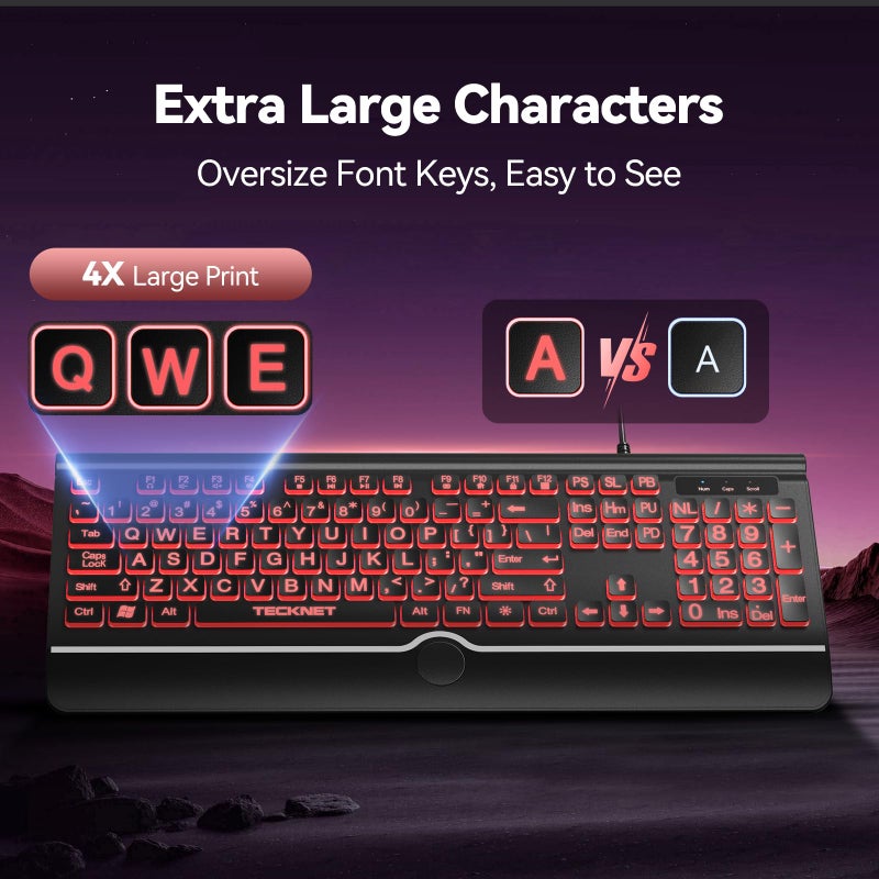 TECKNET Large Print Backlit Keyboard, Wired USB-A Computer Keyboard with Wrist Rest, 7-Color Backlit, Oversized Letter Keys Easy to See, Plug-and-Play, Silent, Light Up Keyboard for Windows/PC/Laptop - Image 2