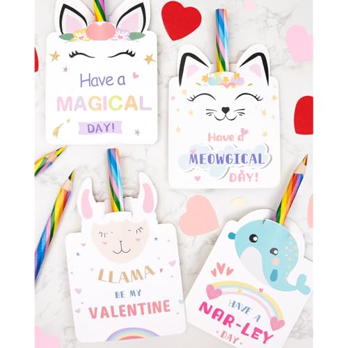 ORIENTAL CHERRY Valentines Day Cards for Kids Set of 24 Rainbow Pencils Unicorn Valentines Class Party Favors Valentine day cards Exchange Bulk for Girls Boys School Classroom Supplies - Image 1