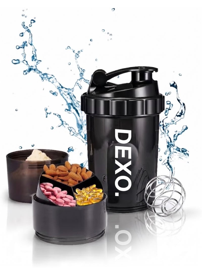 DEXO Protein Shaker - Leak-Proof Shaker with Compartments for Powder & Pill Storage - Transparent Cup & Healthy BPA Free Bottle - Ideal for Hydration (Black Transparent - 17oz/500ml) - Image 1
