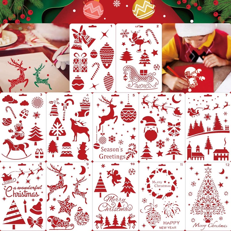 Konsait 12Pack Christmas Stencils Templates, Reusable Christmas Drawing Painting Template, Xmas Stencils for Greeting Cards, Albums, Scrapbook, Notebook, Journal, Wall Art Wood, Xmas Gift Home Decor - Image 1