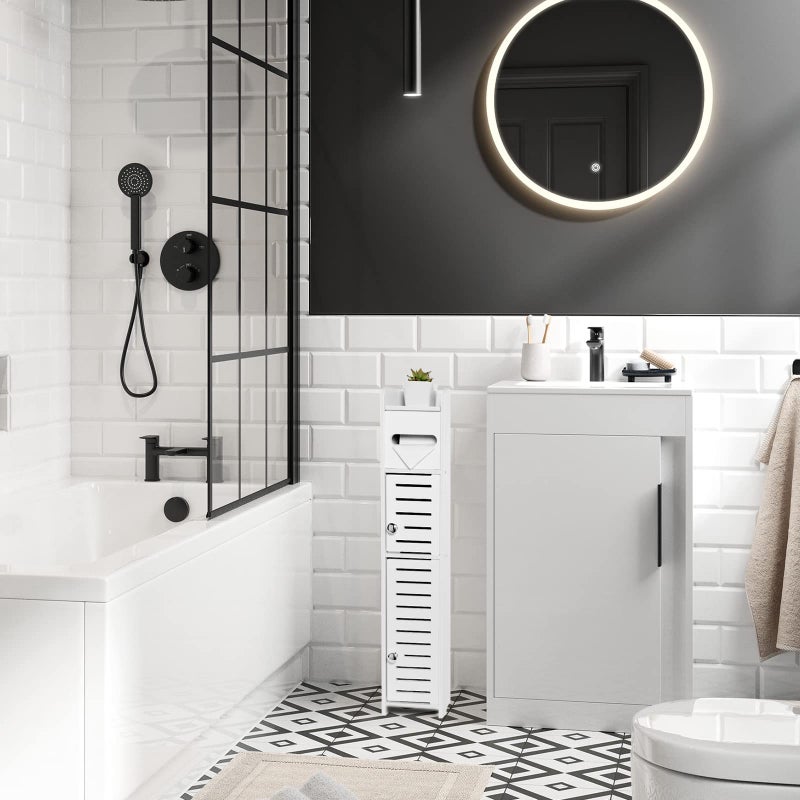 TuoxinEM Storage Cabinet for Small Spaces, Over The Toilet Cabinet for Skinny Bathroom Storage Corner Floor, Slim Paper Holder with 2 Doors & Shelves (White) - Image 5
