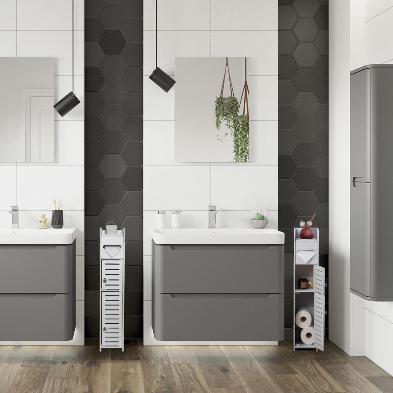 TuoxinEM Storage Cabinet for Small Spaces, Over The Toilet Cabinet for Skinny Bathroom Storage Corner Floor, Slim Paper Holder with 2 Doors & Shelves (White) - Image 2