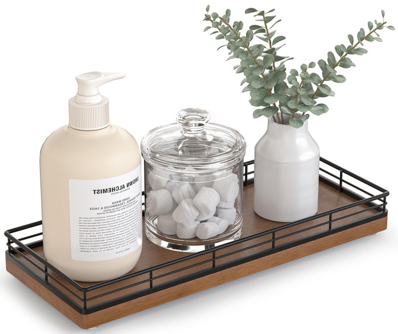 Bathroom Tray for Counter Top Organizer Oak Wood Vanity Tray with Metal Frame for Dresser Kitchen Nightstand Black Brown Decorative Storage