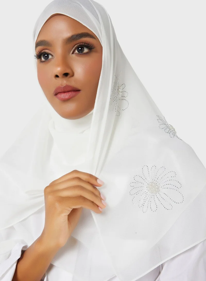 Khizana Pearl Floral Embellished Long Hijab Scarf