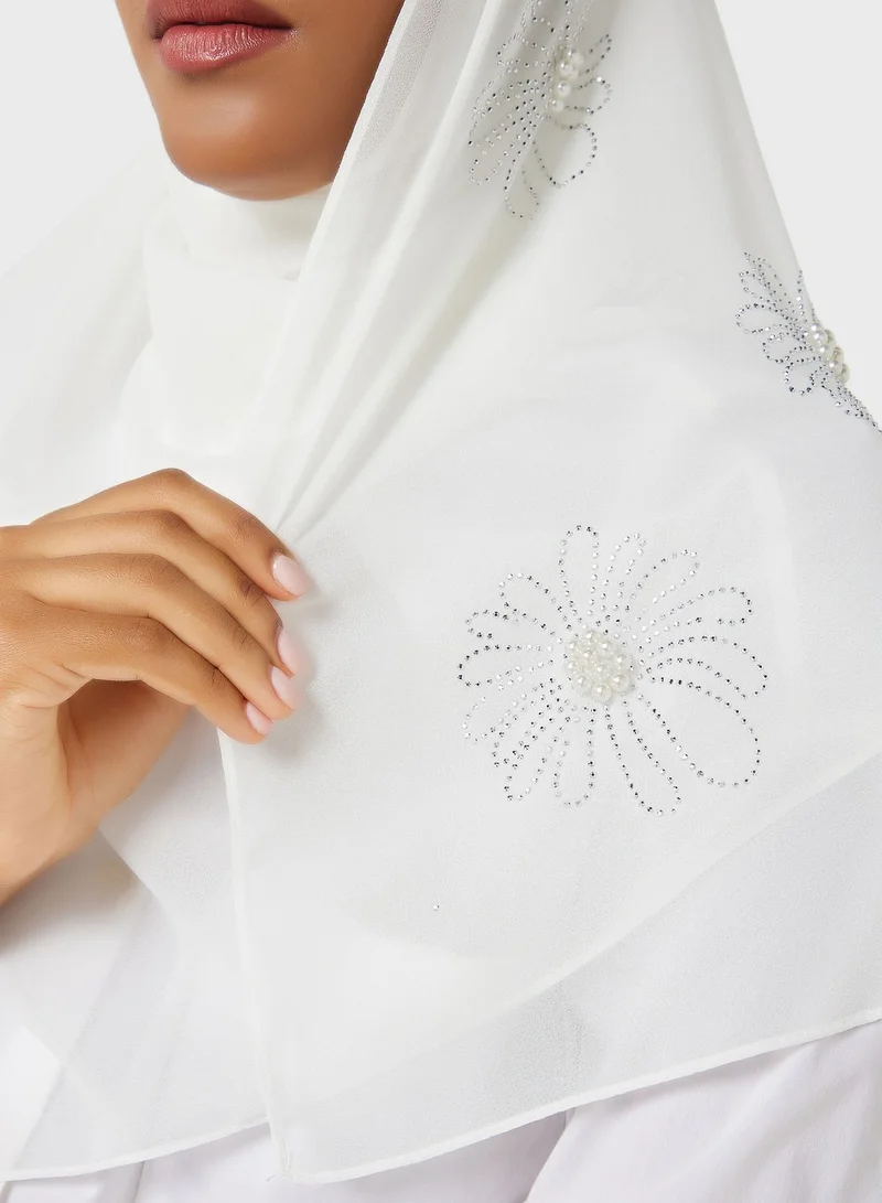 Khizana Pearl Floral Embellished Long Hijab Scarf