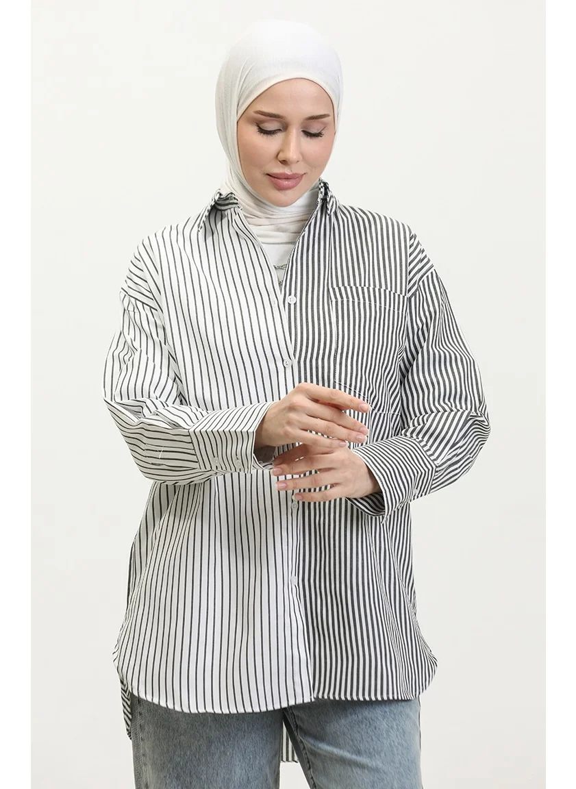 Sefa Merve Garnished Striped Shirt 4809-02 Black