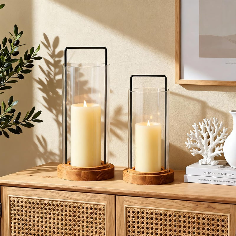 Houmury Set of 2 Hurricane Candle Holders Lantern 12â€ & 10â€with Wood Base Metal Handle Glass Cylinder Modern Farmhouse Decor for Home Decoration, Table Centerpieces (Warm Amber Brown) - Image 2