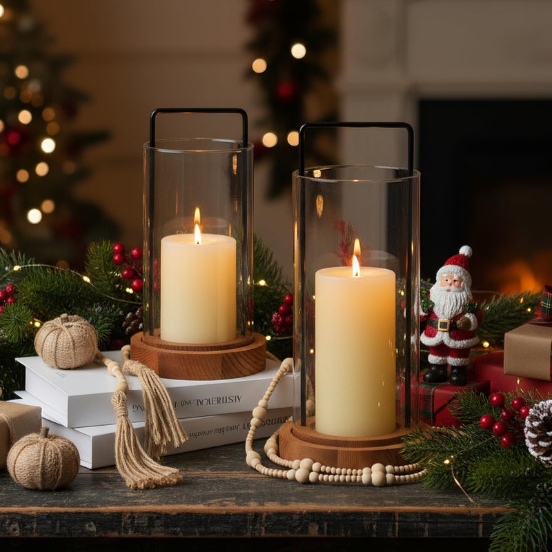 Houmury Set of 2 Hurricane Candle Holders Lantern 12â€ & 10â€with Wood Base Metal Handle Glass Cylinder Modern Farmhouse Decor for Home Decoration, Table Centerpieces (Warm Amber Brown) - Image 4
