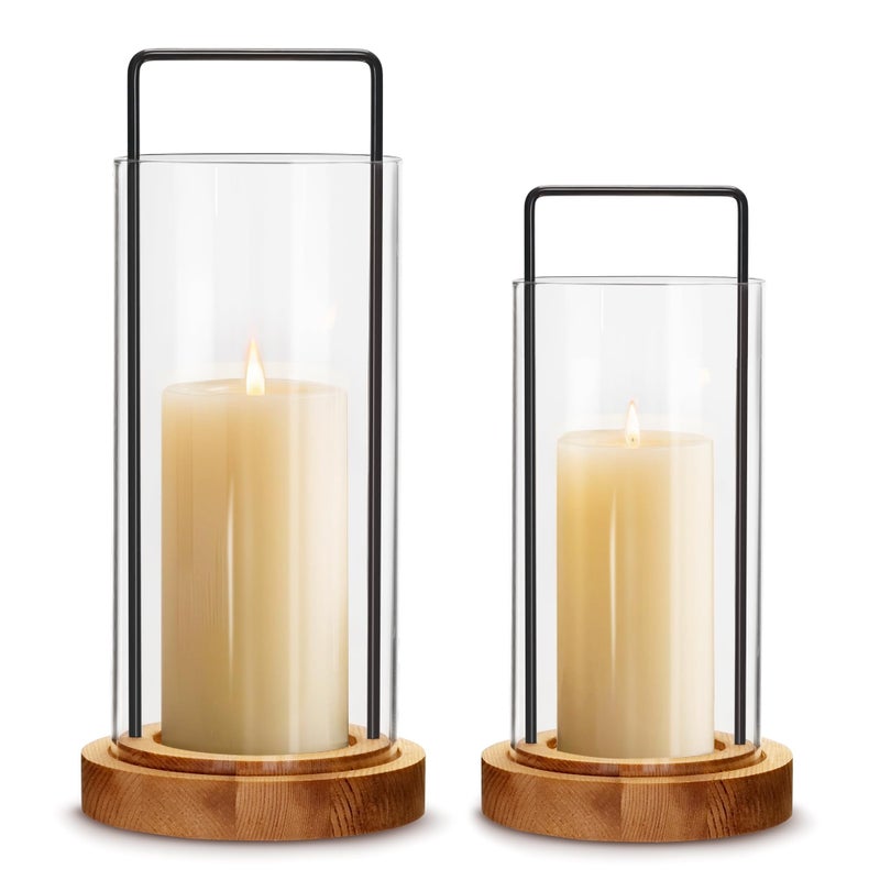 Houmury Set of 2 Hurricane Candle Holders Lantern 12â€ & 10â€with Wood Base Metal Handle Glass Cylinder Modern Farmhouse Decor for Home Decoration, Table Centerpieces (Warm Amber Brown) - Image 1