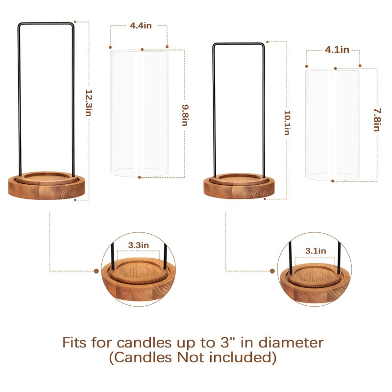 Houmury Set of 2 Hurricane Candle Holders Lantern 12â€ & 10â€with Wood Base Metal Handle Glass Cylinder Modern Farmhouse Decor for Home Decoration, Table Centerpieces (Warm Amber Brown) - Image 5